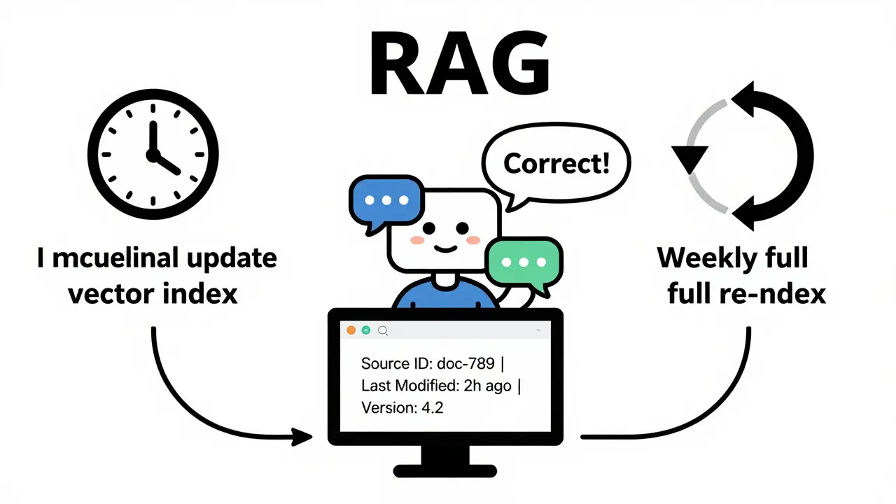 Hybrid RAG system showing hourly updates and weekly re-indexing, with metadata tracking document changes.