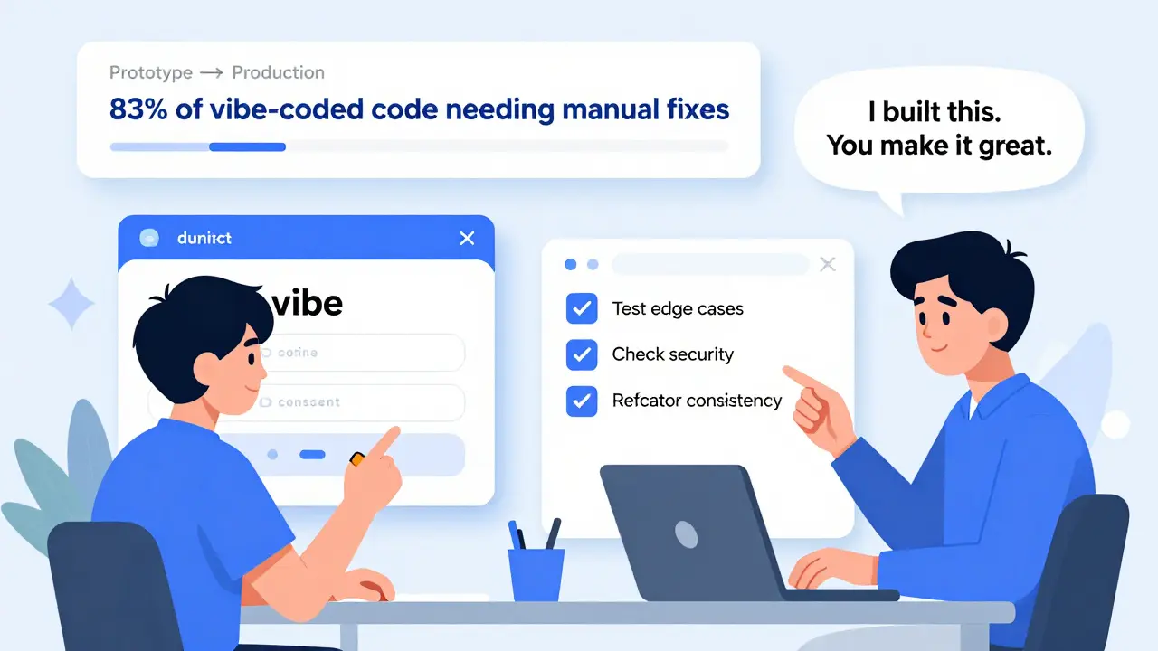 Junior developer using AI to build a form while senior developer reviews and refines it with a checklist.