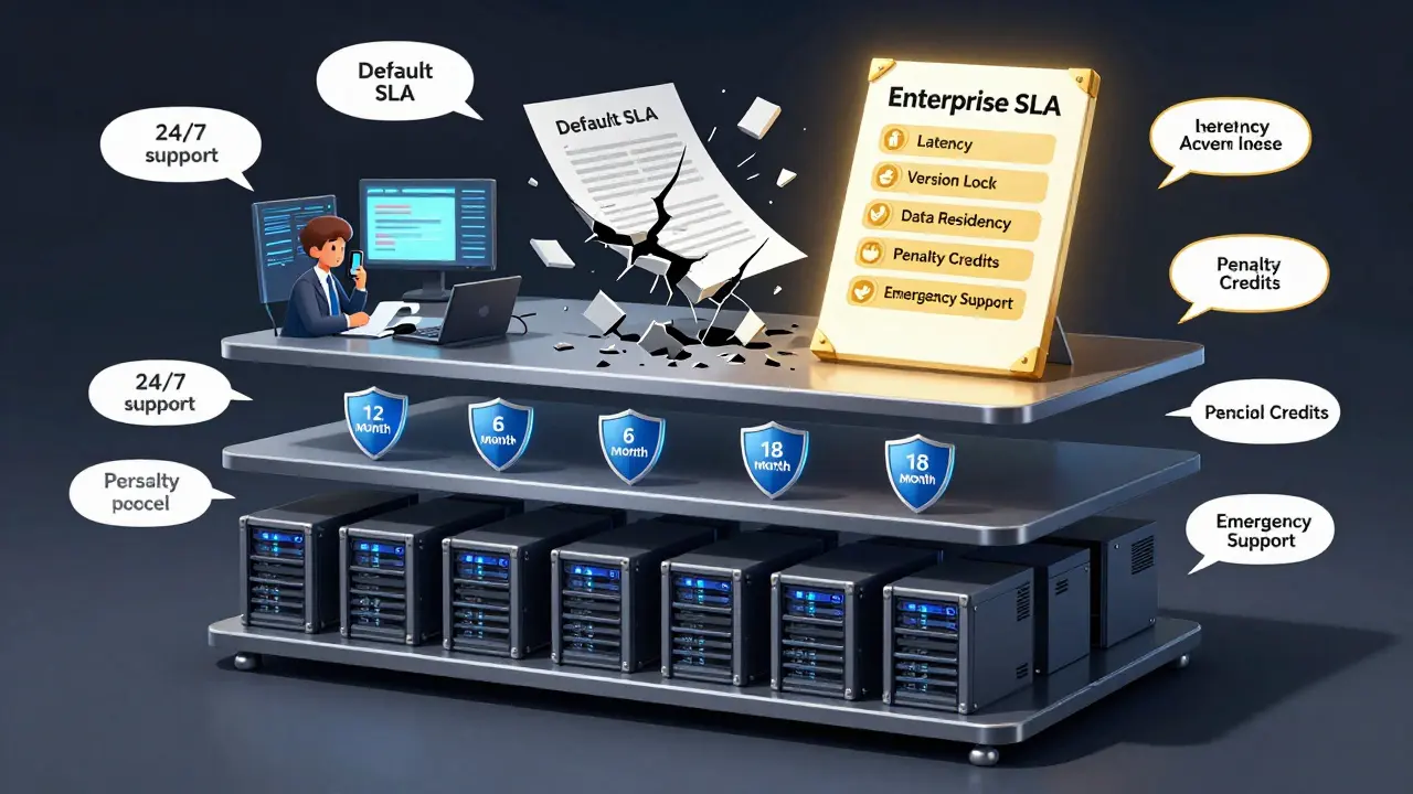 Layered technical diagram of enterprise AI infrastructure with model version locks and 24/7 support team.