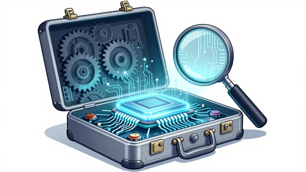 Open briefcase revealing complex glowing chips inspected by a magnifying glass.