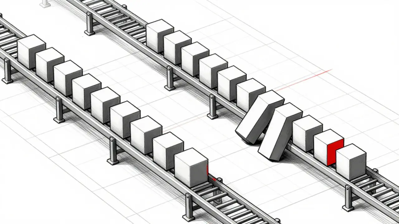Parallel production lines showing deviation from alignment