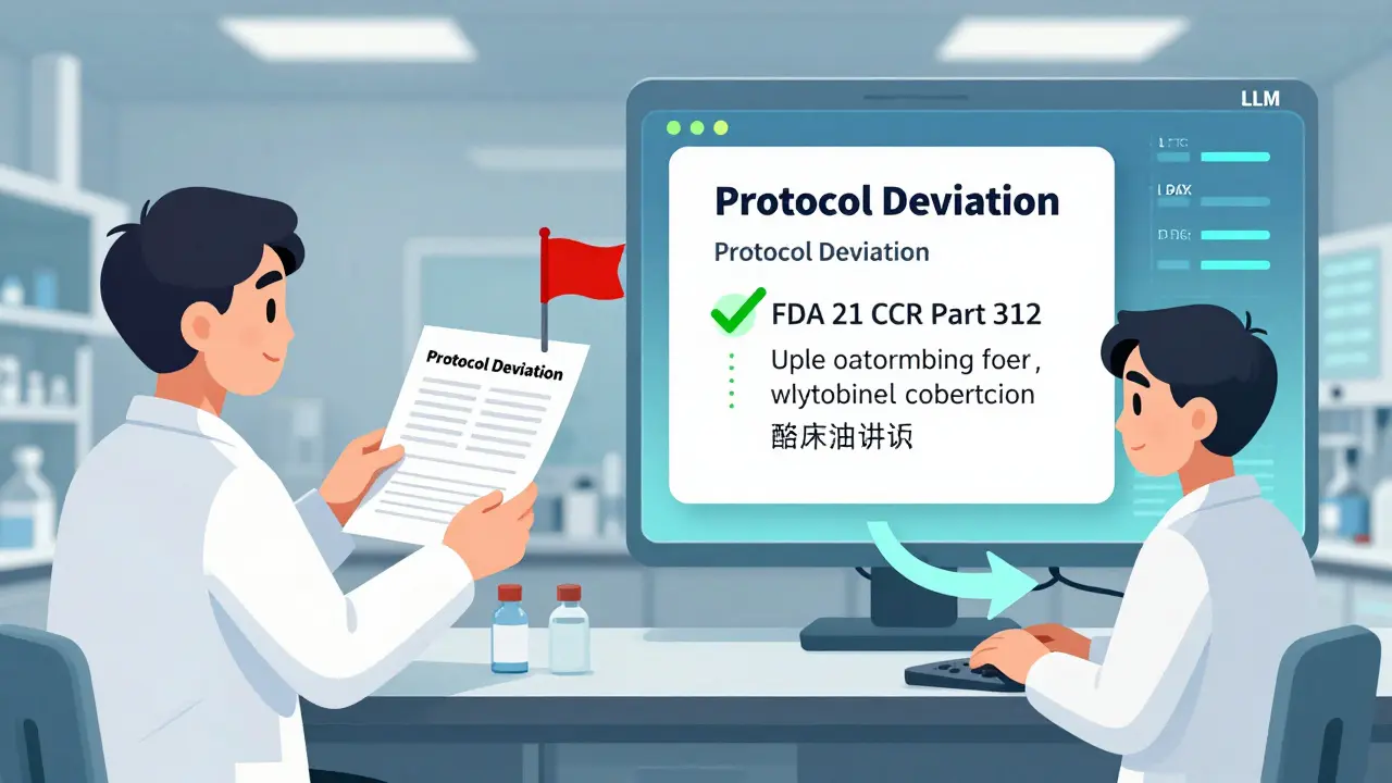 Pharmaceutical team compares clinical trial findings with LLM-identified protocol deviations using visual indicators.