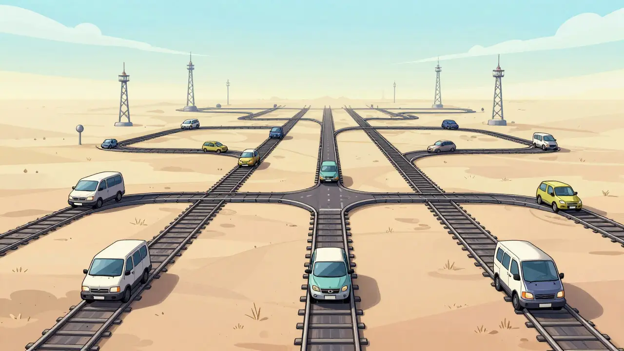 Roadmap with efficient vehicles on separate tracks and digital towers.