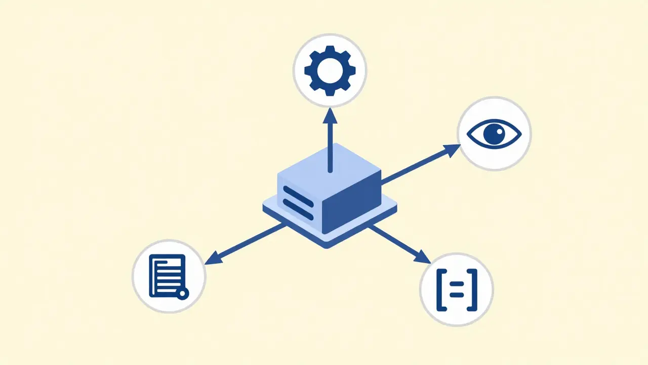 Server node branching into gear, eye, and code icon streams.