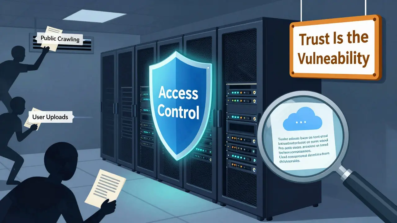 Shadowy attackers inject malicious data into an AI system while a secure server shield protects against breaches.