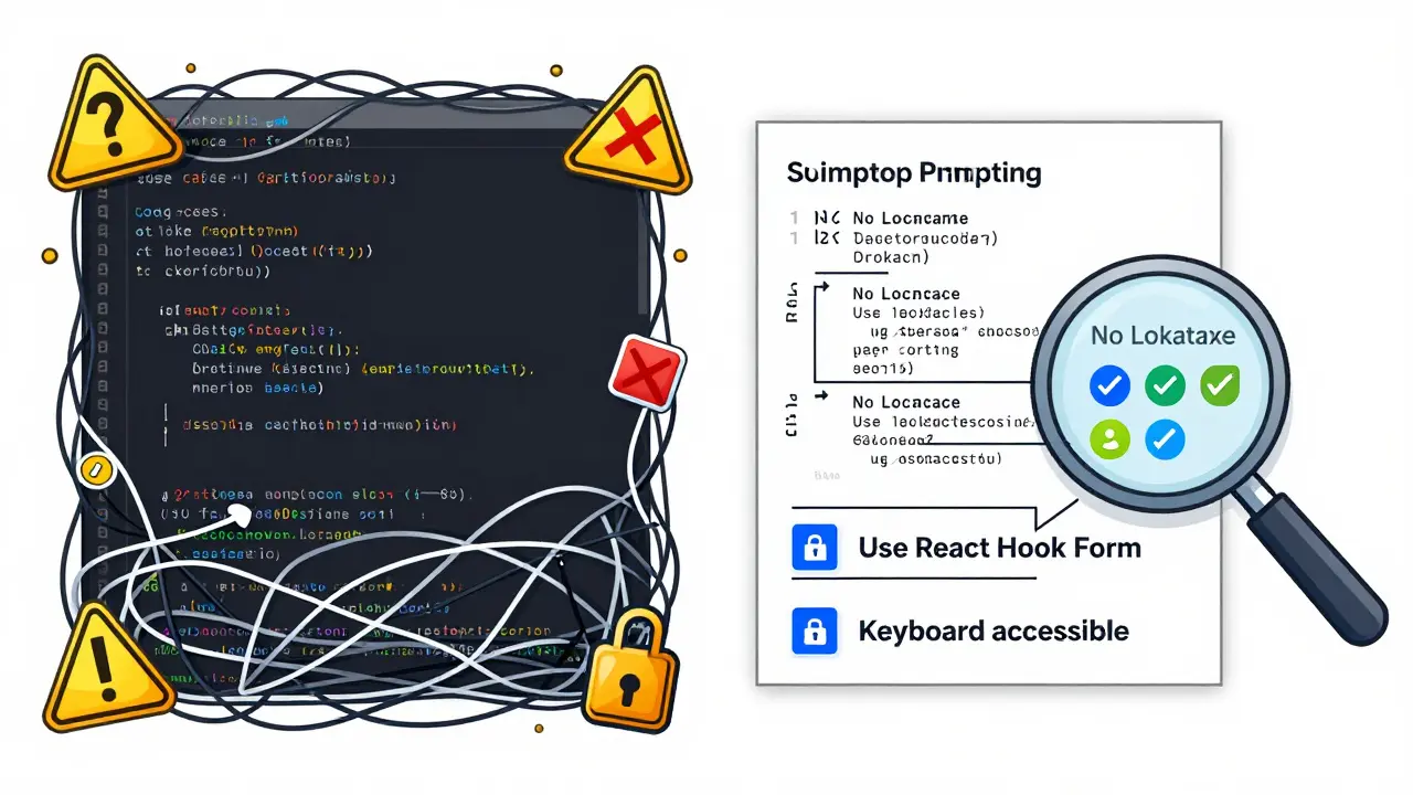 Side-by-side comparison of messy AI-generated code versus clean, constrained, and tested code with labels.