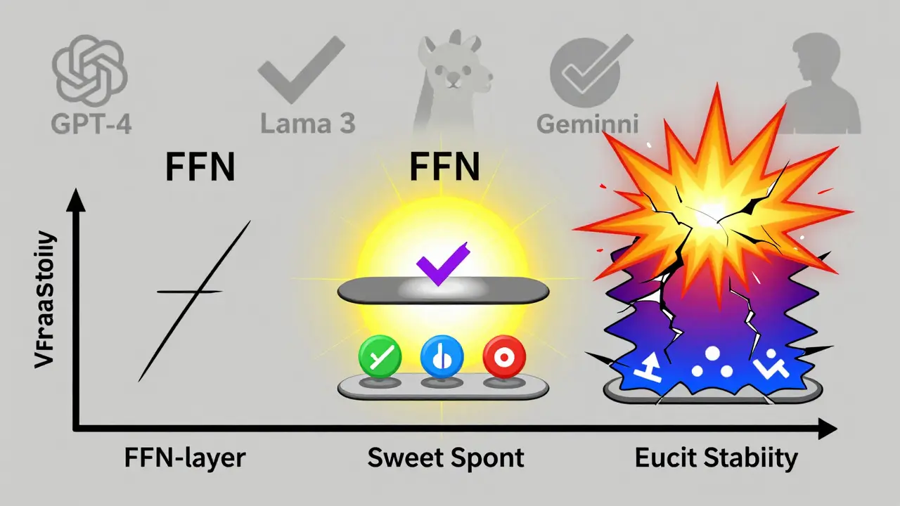 Side-by-side comparison of one, two, and three-layer FFNs, showing stability and performance differences with visual icons.