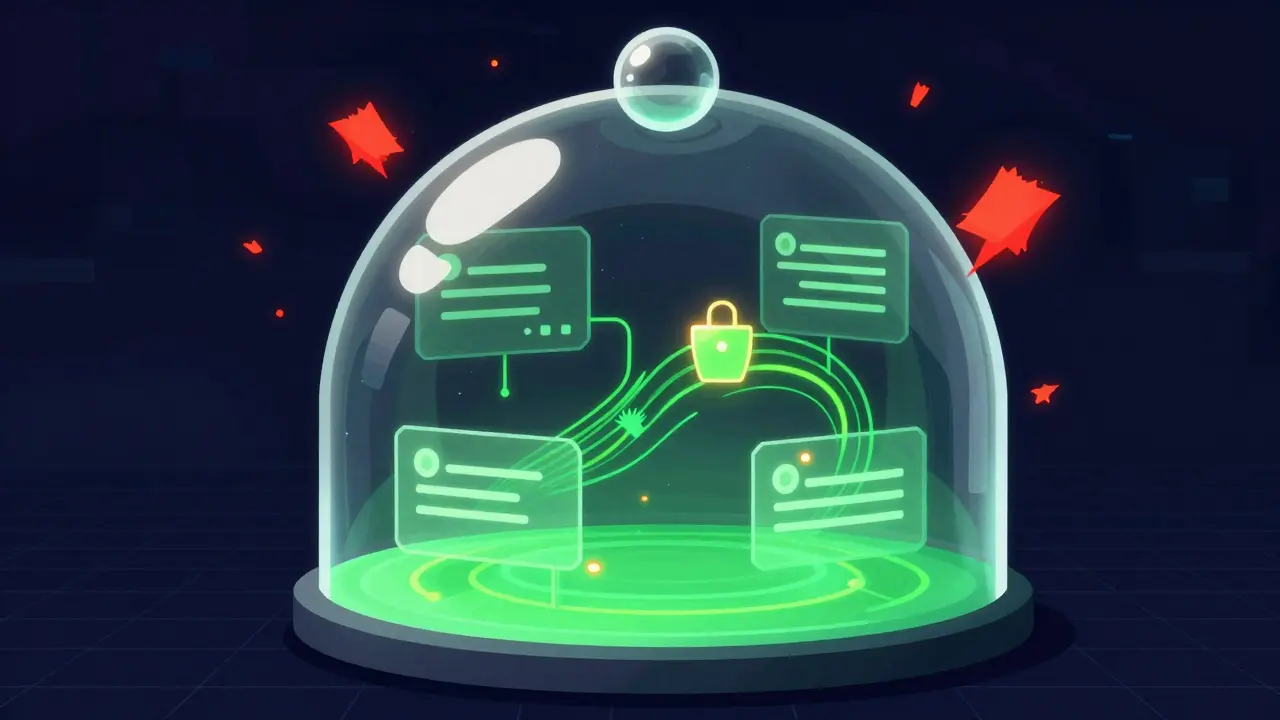 Software shield blocking red threat particles