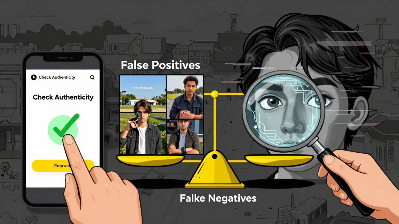 Split-screen comparison of AI detection tool verifying content with false positives and negatives.