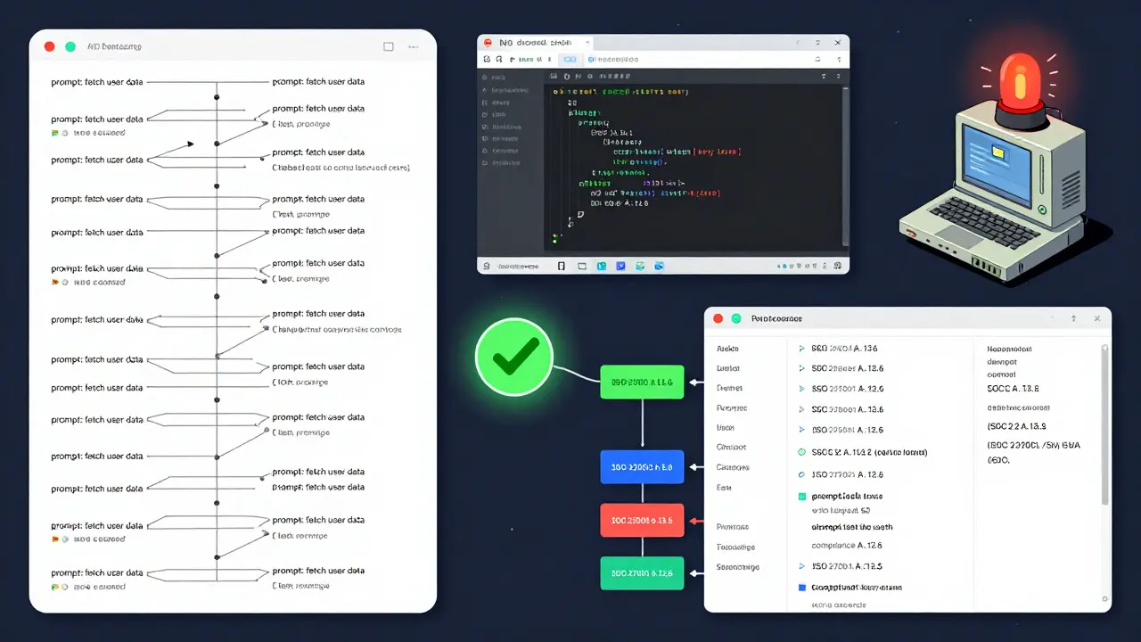 Split view: chaotic AI code branches on left, clean automated audit trail with compliance tags on right, old SAST tool failing in background.
