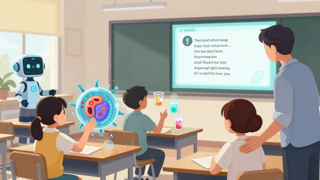 Students interact with 3D simulations guided by AI avatars, while a human teacher observes and supports them in a futuristic classroom.