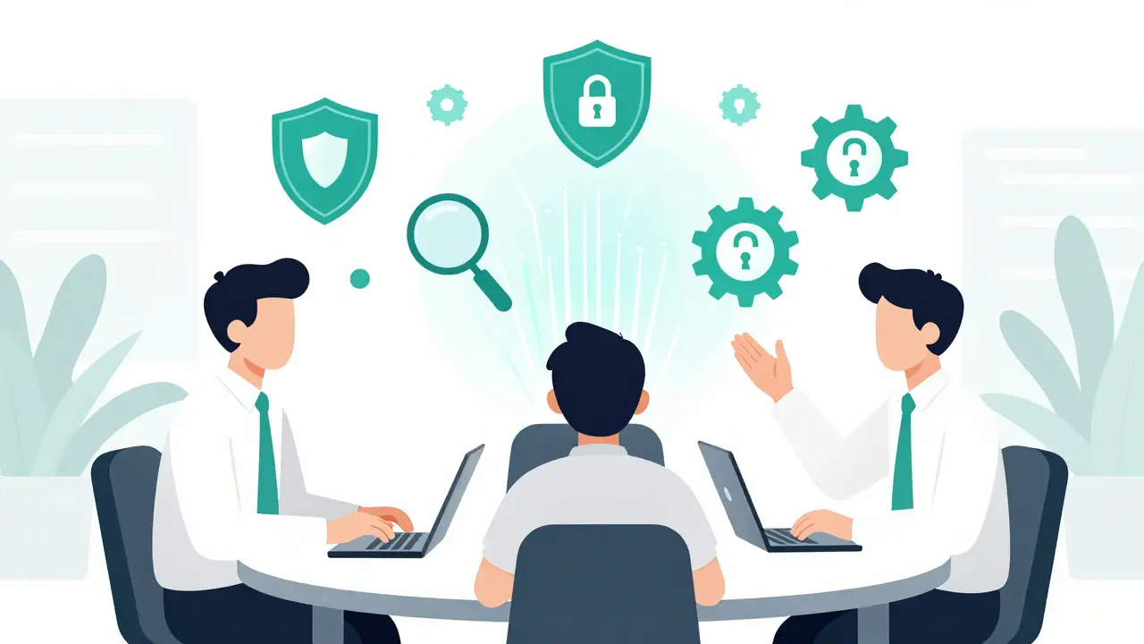 Team reviewing security concepts at a table