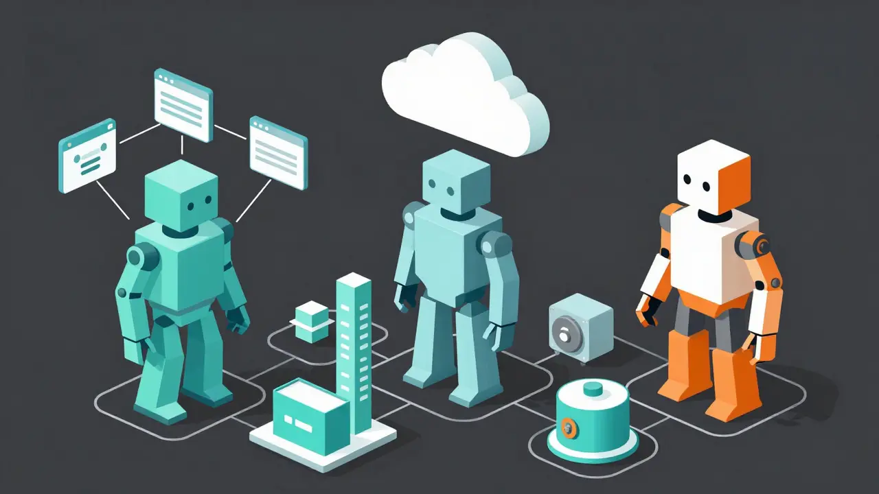 Three abstract AI tools connecting to cloud, web, and secure systems