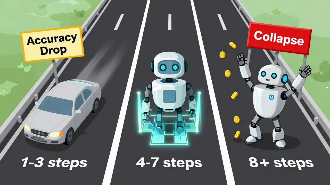 Three lanes showing simple, optimal, and collapsed reasoning model performance with visual symbols for each.