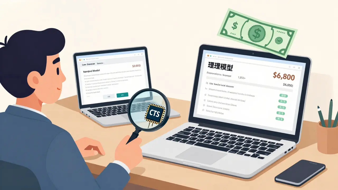 Two laptops side by side showing cost difference between standard and reasoning models, with a CTS chip reducing token usage.