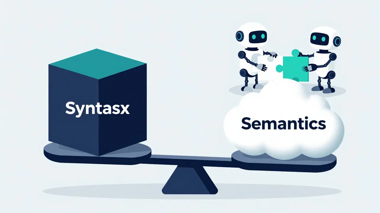A balance scale weighing syntactic structure against semantic meaning next to a small robot.