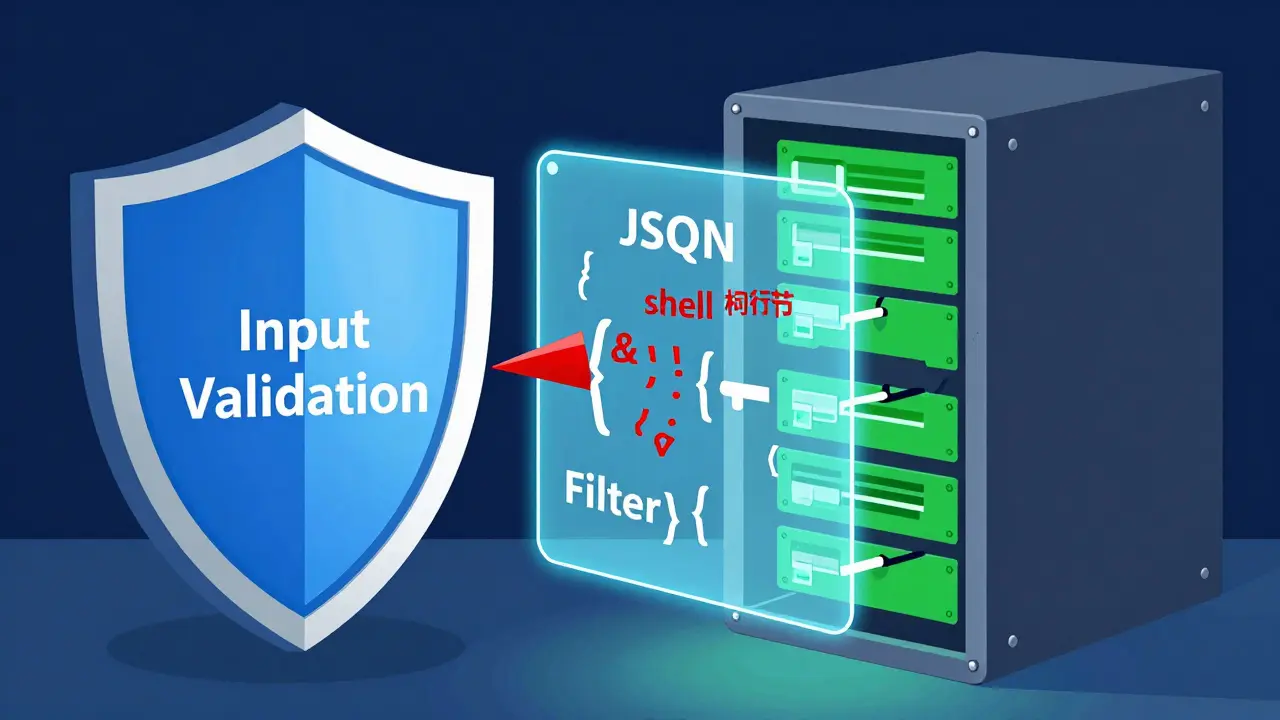A blue holographic filter blocking red malicious characters from entering a server