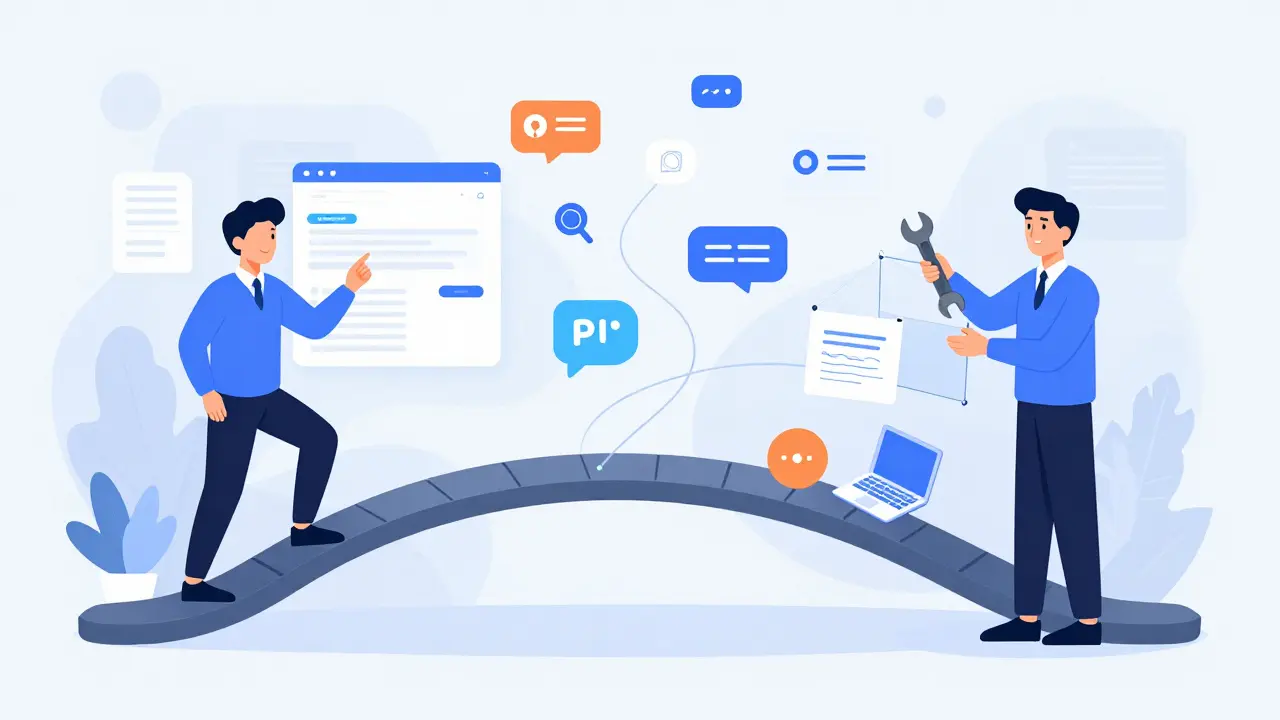 A business person and an engineer collaborating via an AI-powered bridge of visual prompts.