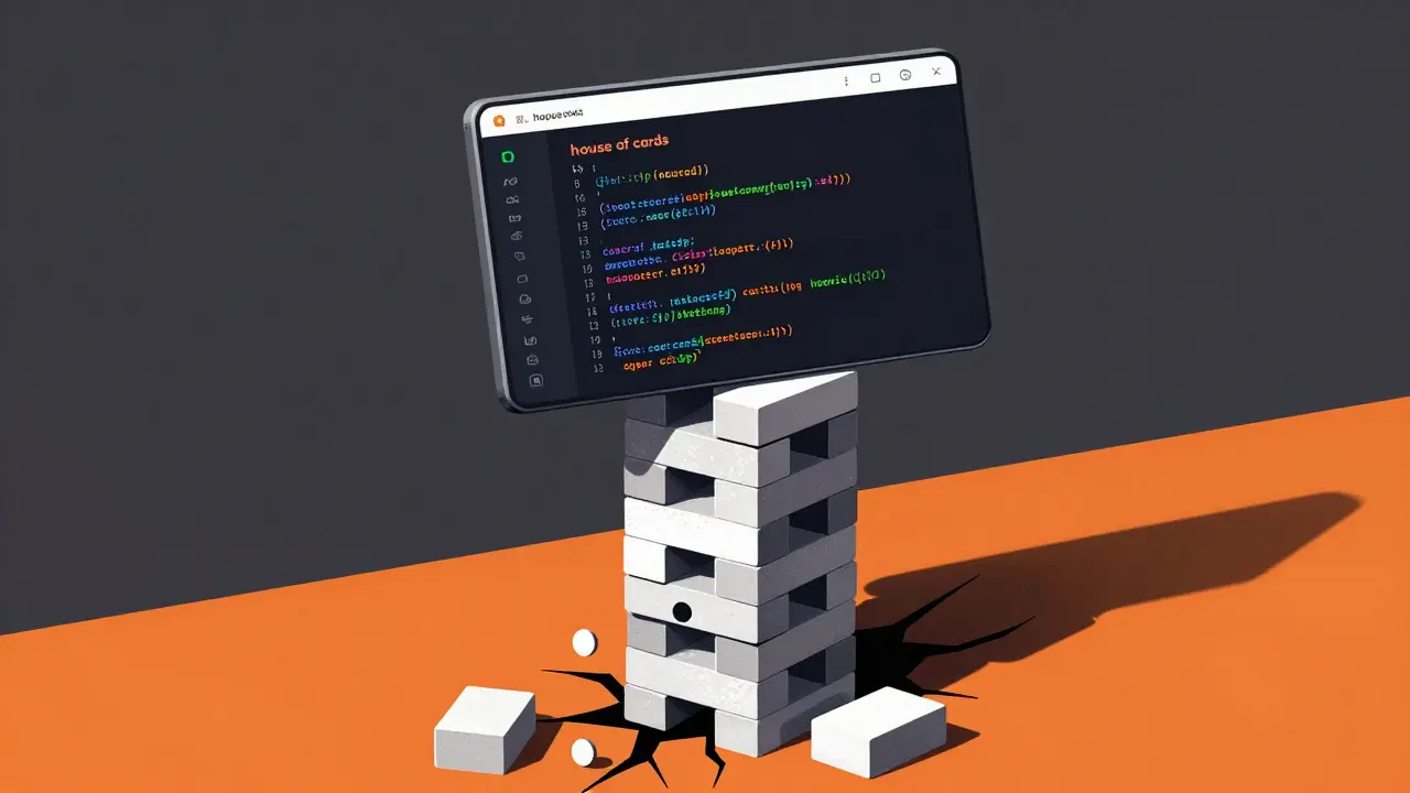 A fragile house of cards made of code blocks supporting a software interface