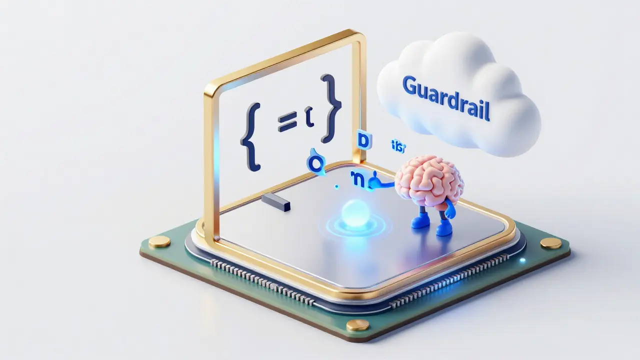A geometric frame blocking incorrect AI tokens to force a valid structural output.
