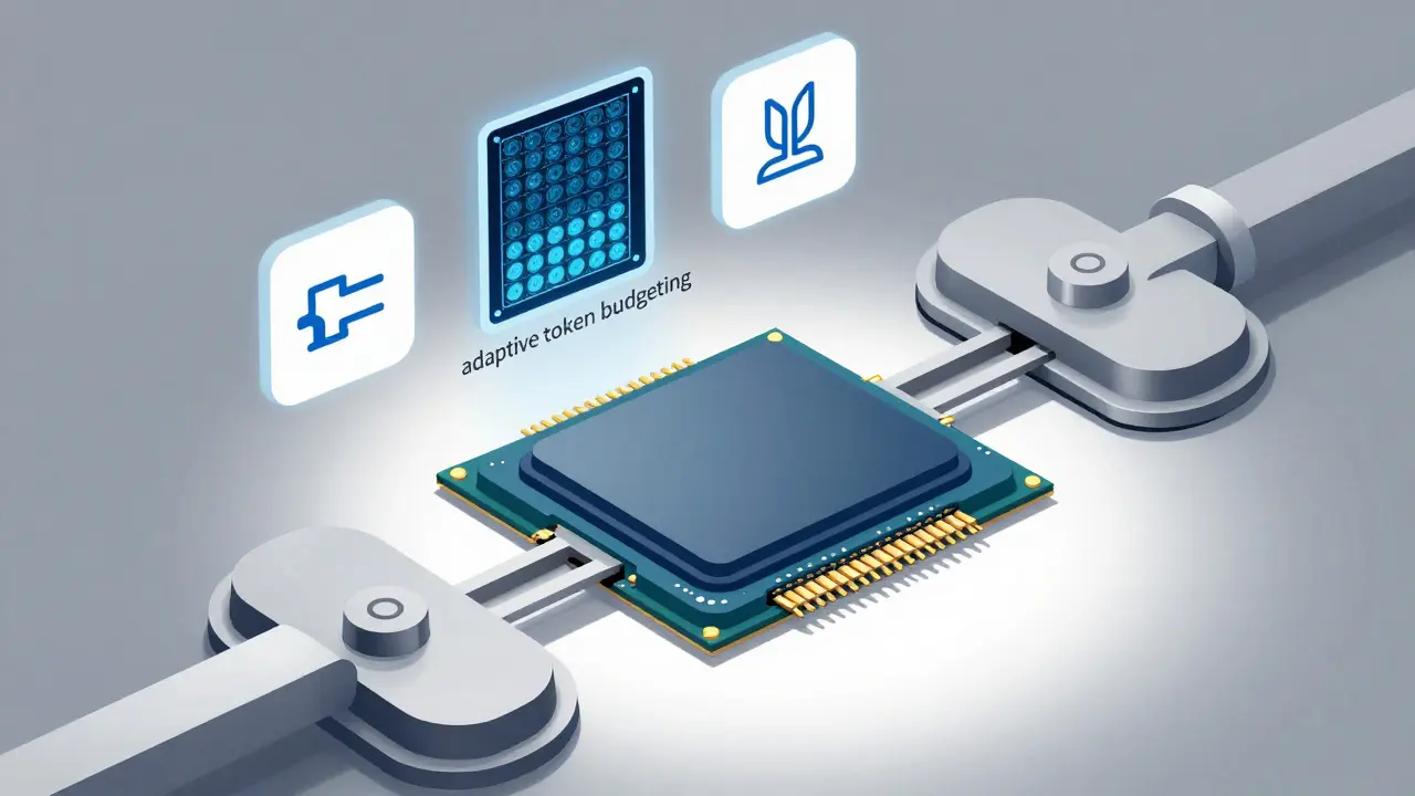 A GPU being compressed to represent AI quantization and efficient token budgeting for different images.