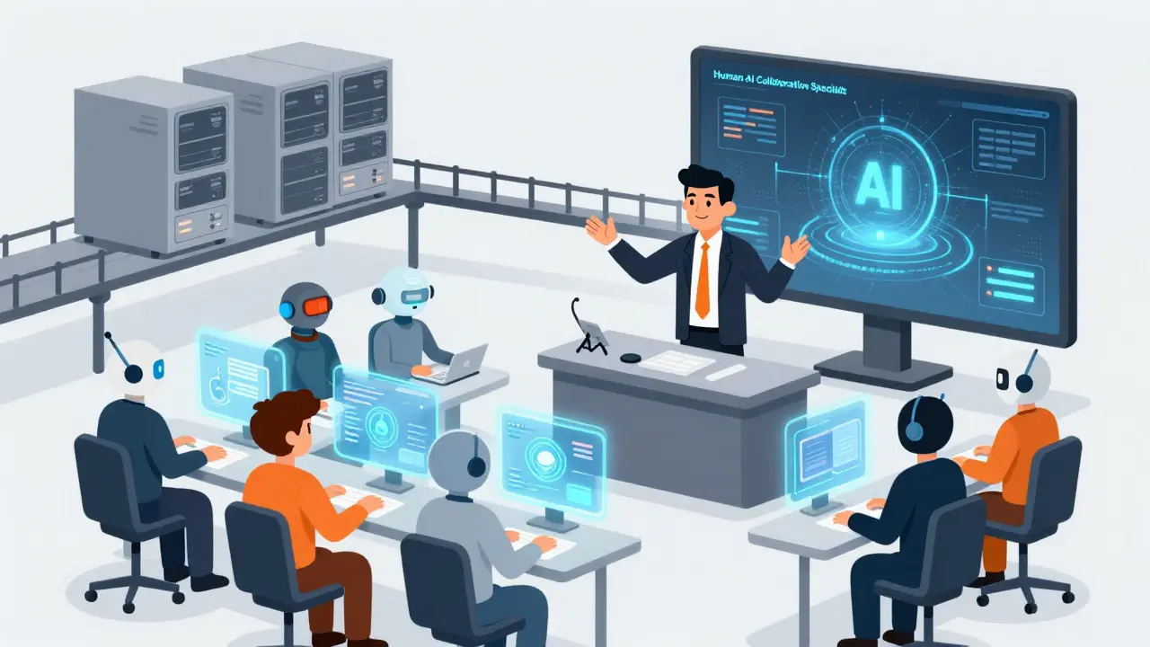 A human specialist directing a team of AI agents at a futuristic control console.