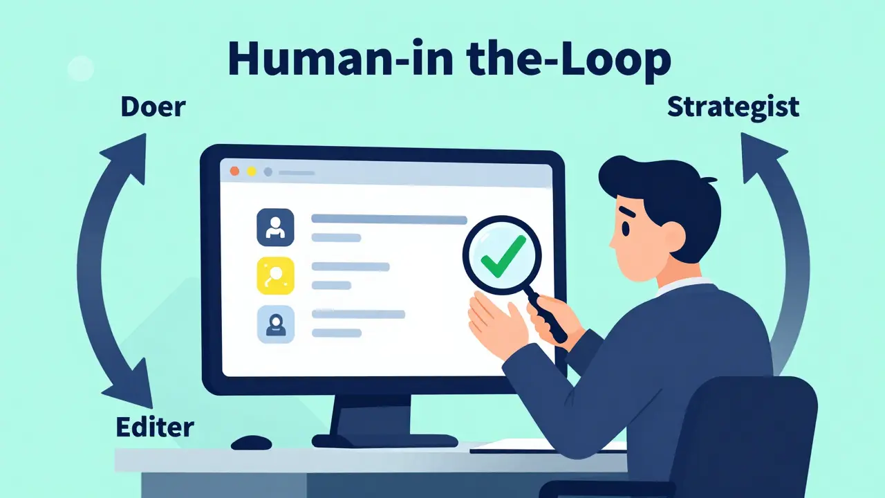 A professional using a magnifying glass to validate and refine an AI-generated suggestion.