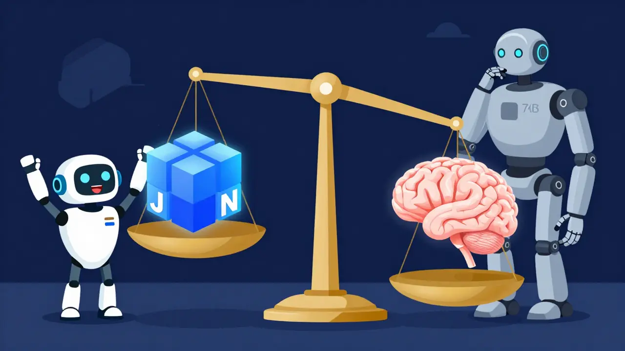 A scale balancing a structured JSON cube and a human brain to show the accuracy trade-off.
