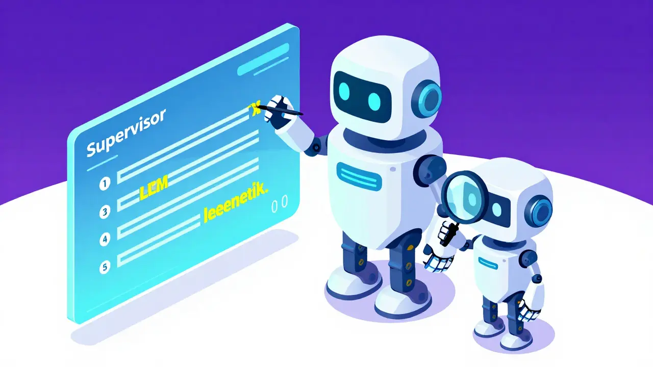 A small robot supervisor auditing the output of a larger robot to ensure factual correctness.