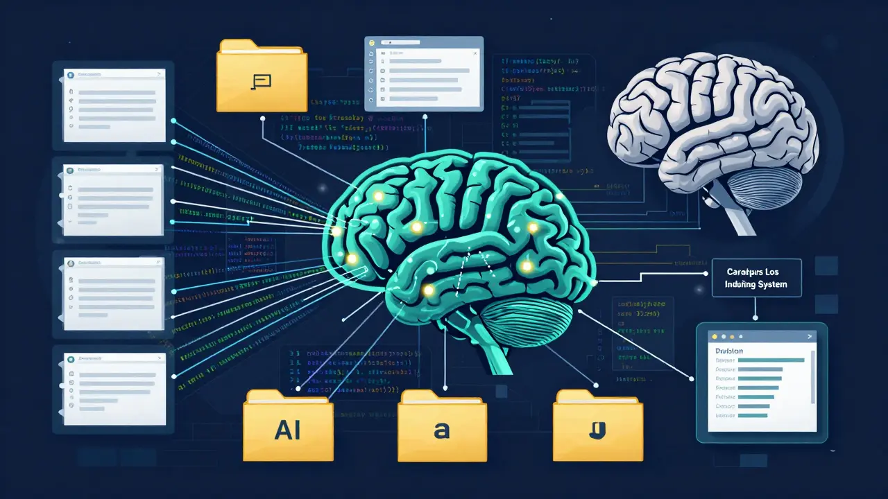 AI brain indexing a complex network of project files and dependencies in a large codebase.