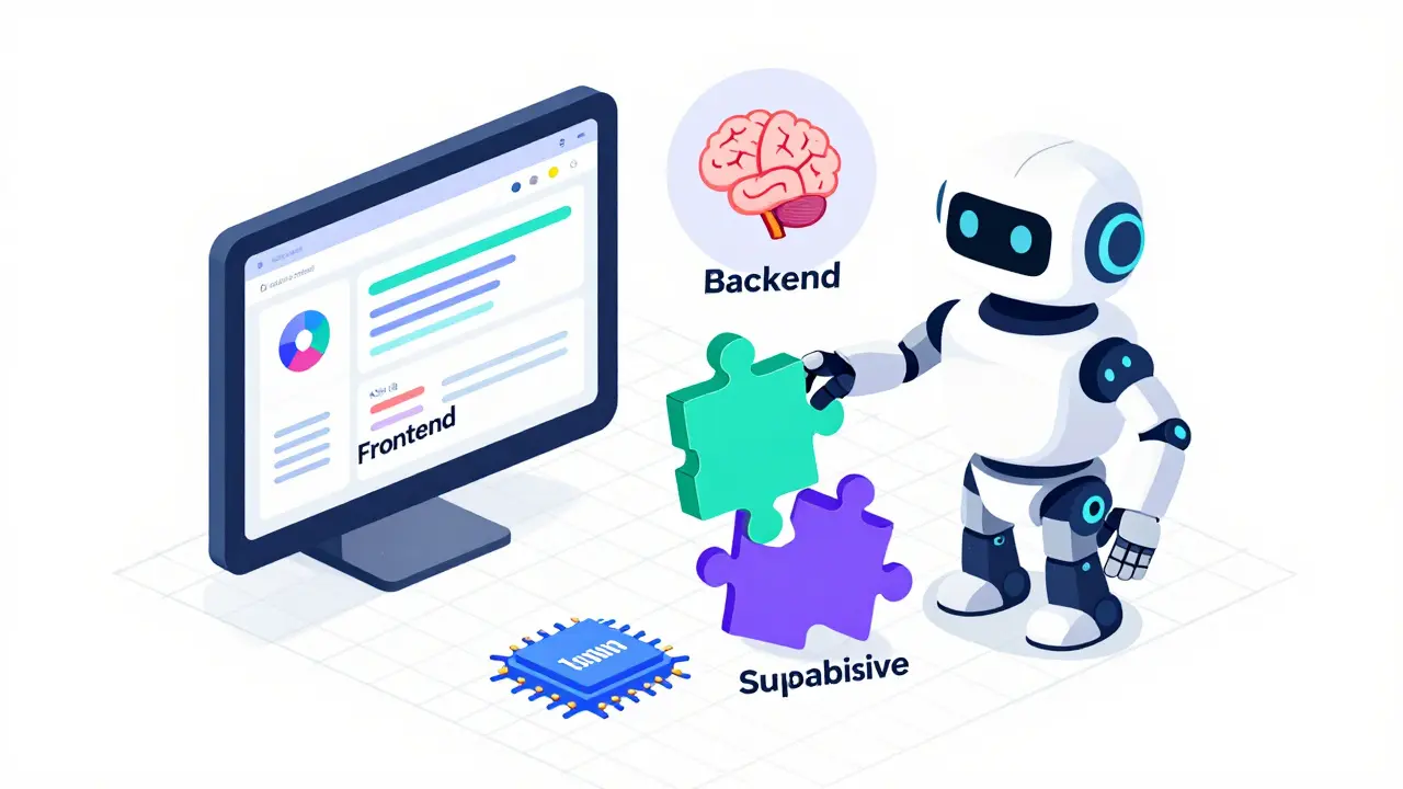 An AI robot assembling an app using frontend, backend, and database components.