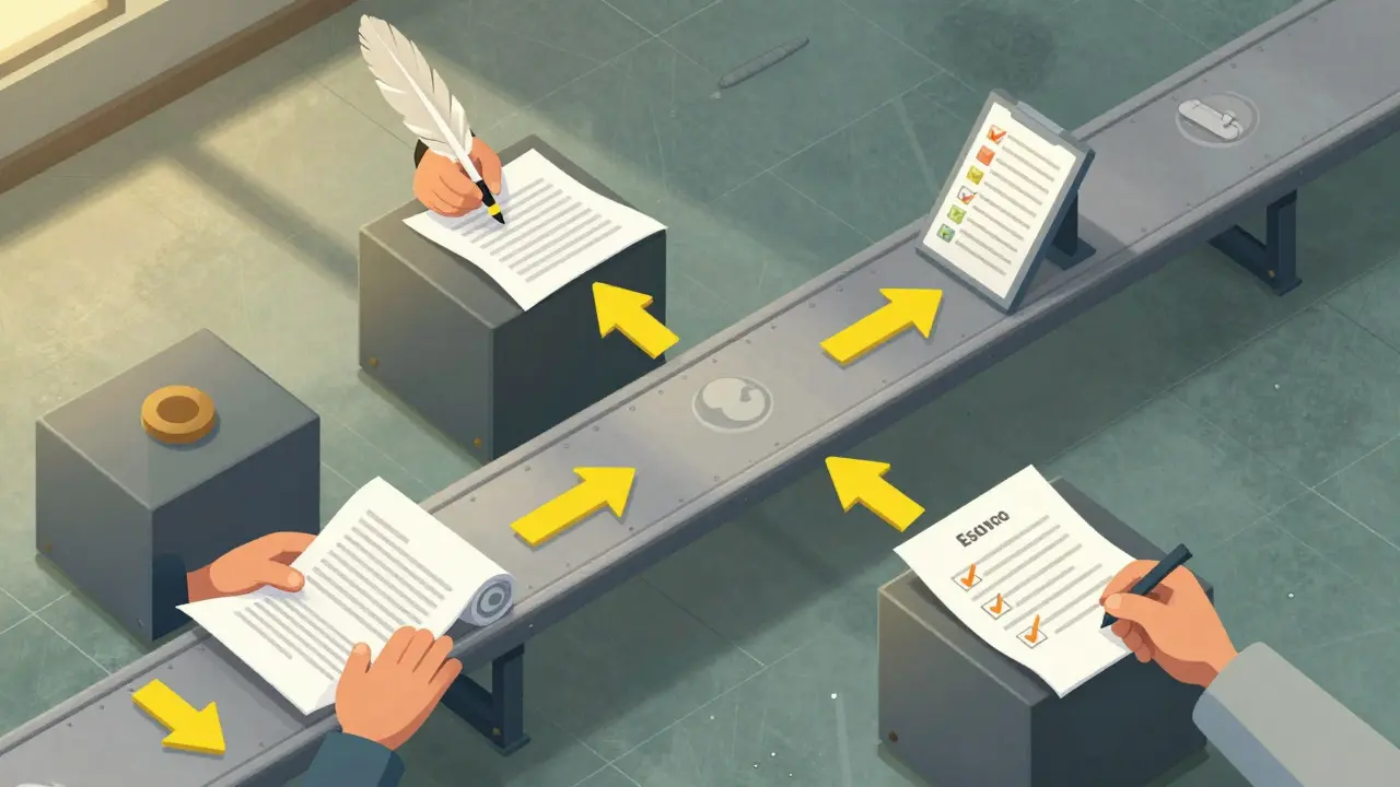 Assembly line passing documents for quality check