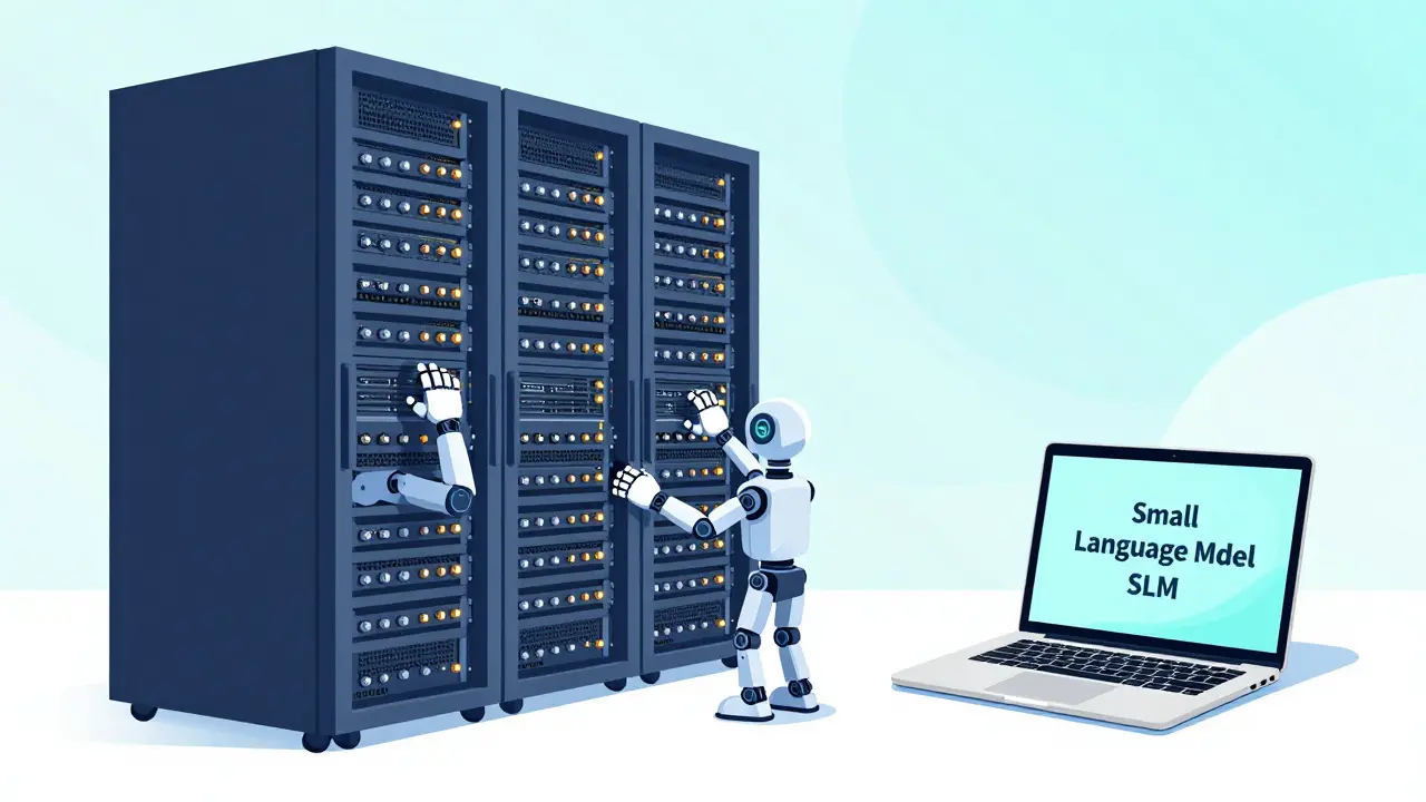 Comparison between a giant server farm with many parameters and a small, efficient AI model on a laptop.