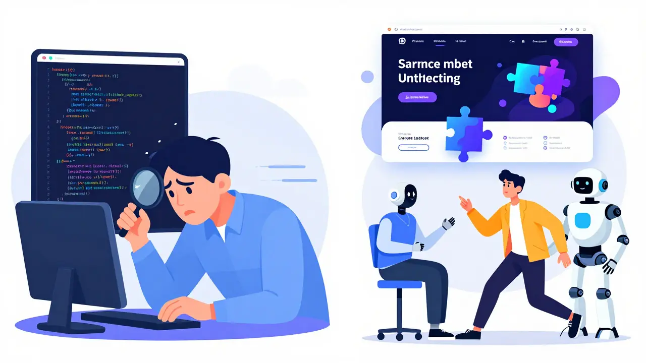 Comparison between a stressed traditional coder and an entrepreneur using AI to build a neon website.