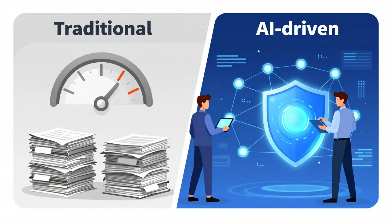 Comparison between traditional paper-based risk analysis and modern AI-driven digital risk management.