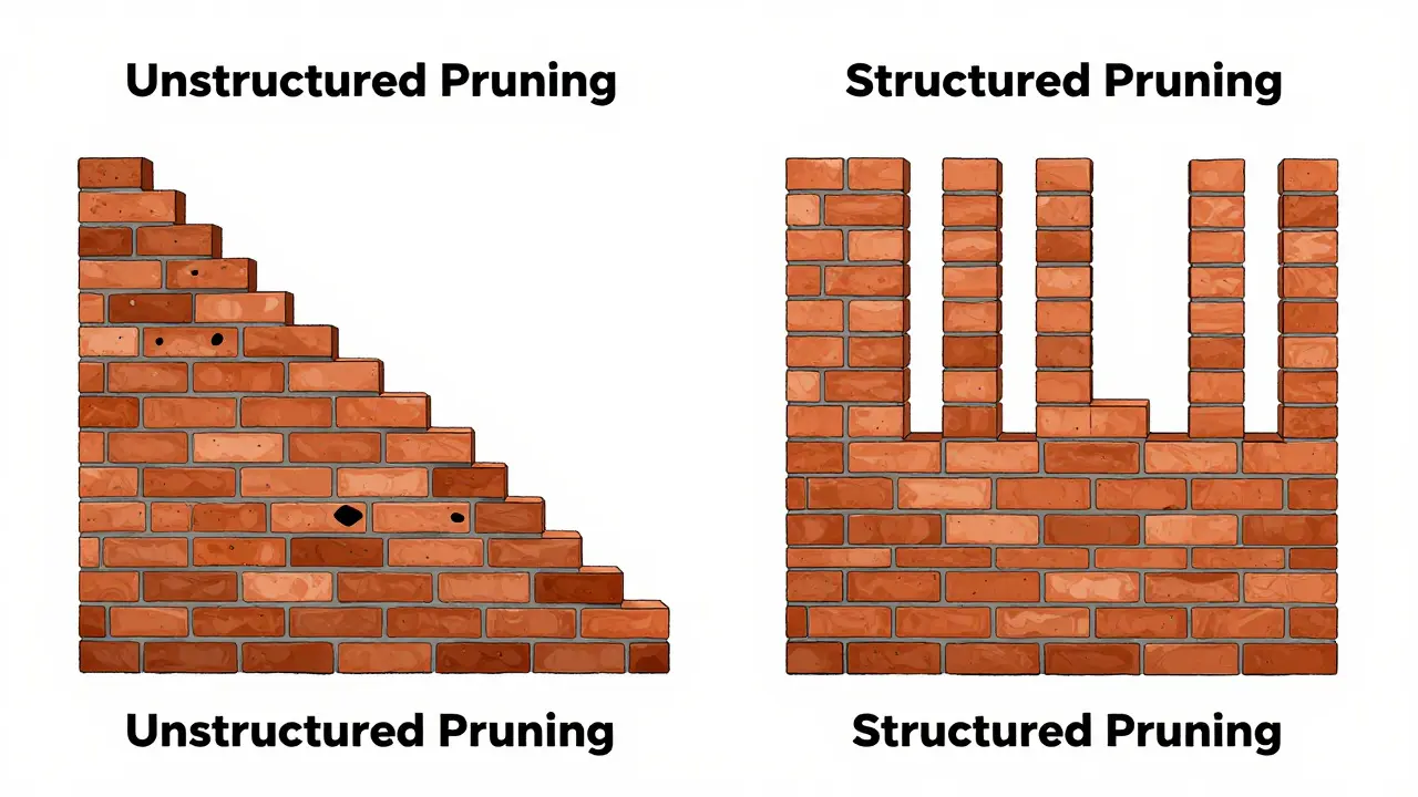 Comparison of a wall with random holes versus a wall with entire rows and columns removed.