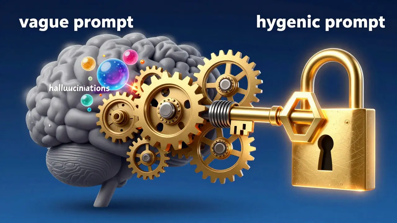 Conceptual illustration of a precise prompt acting as a key to align AI machinery for accuracy.
