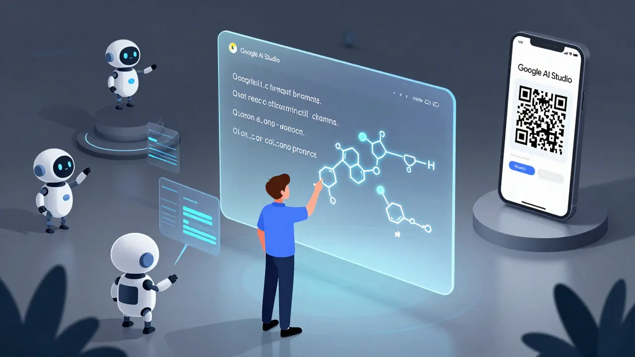 Developer refining AI prompts in a futuristic lab with robot assistants and a mobile preview