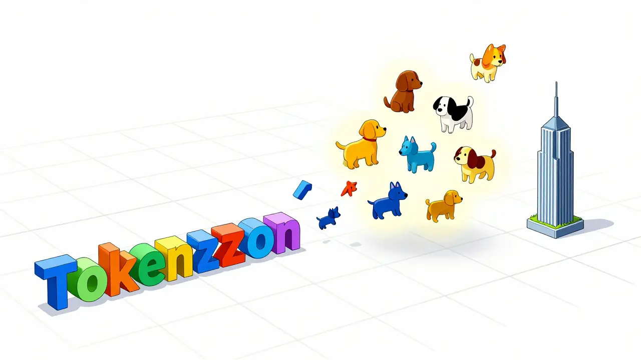 Diagram showing words split into tokens and positioned in a 3D semantic space based on meaning.