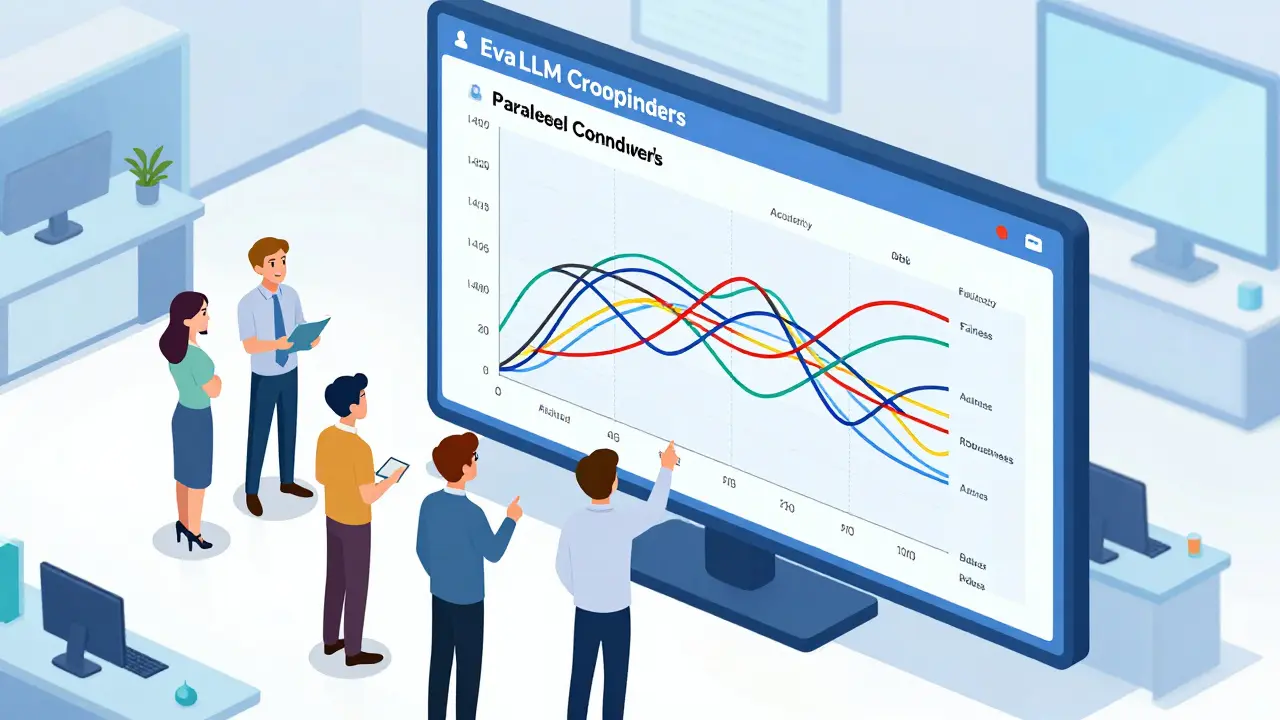 Engineers analyzing a multi-dimensional parallel coordinates plot on a large screen