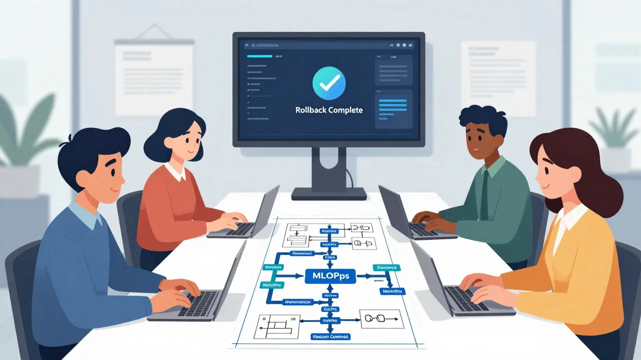 Engineers conducting a tabletop simulation of an AI deployment rollback process