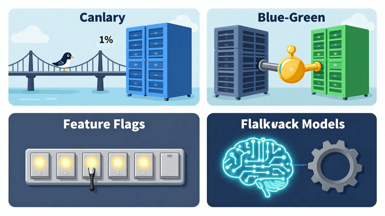 Four quadrants illustrating Canary, Blue-Green, Feature Flags, and Fallback AI strategies