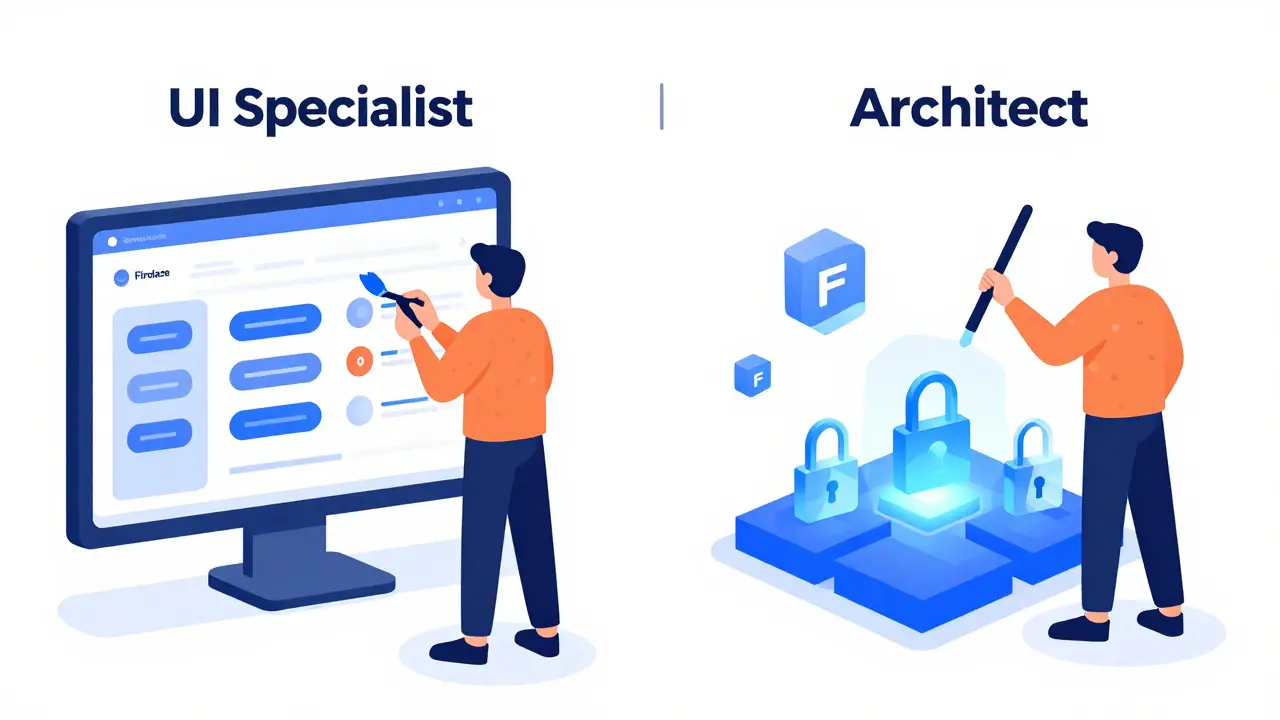Illustrative split scene showing UI design and backend infrastructure assembly