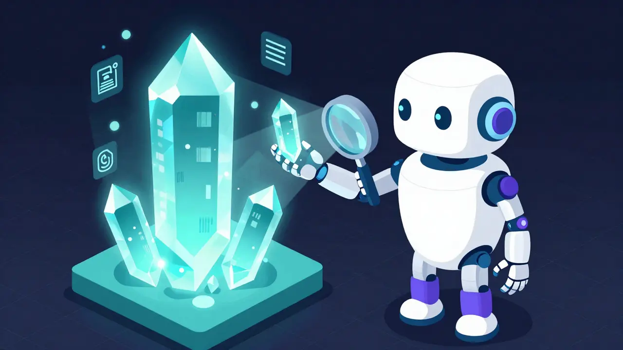 Robot retrieving data crystal from glowing library
