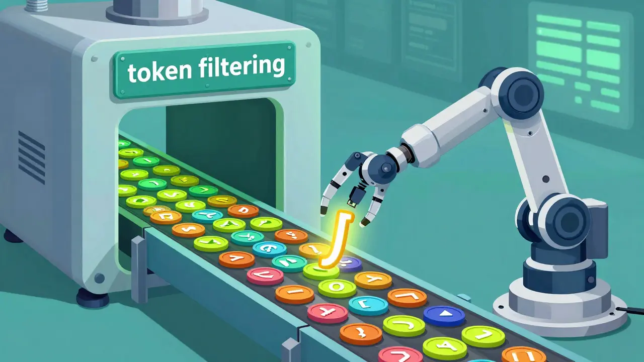 Robotic arm filtering a stream of tokens to ensure only valid ones pass through.