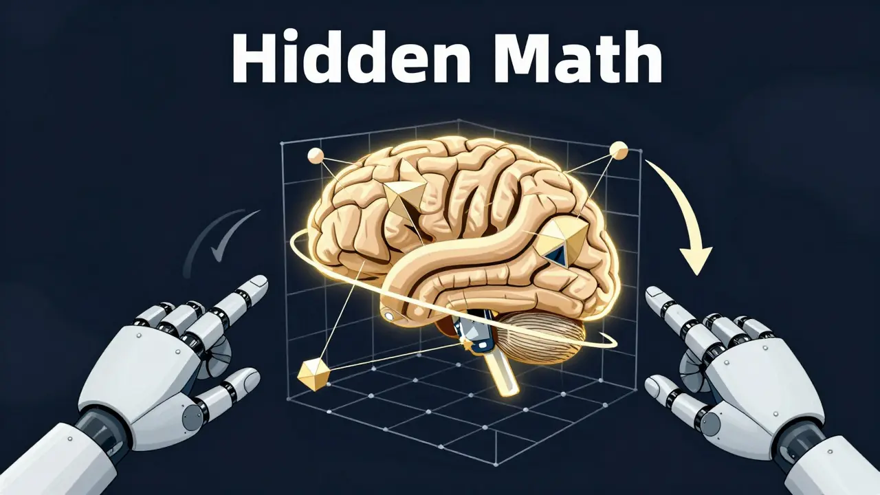 Robotic hands rotating a geometric 3D grid of neural network parameters to show mathematical calibration.