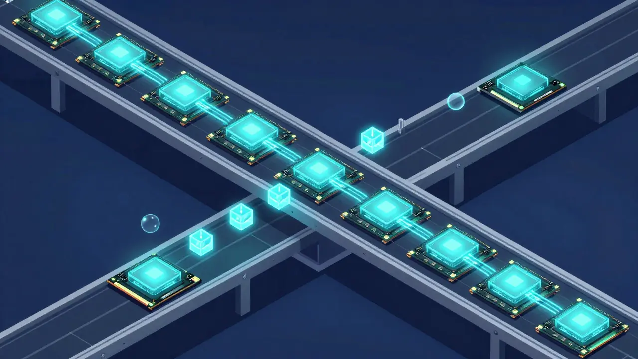 Technical cartoon of an assembly line of GPUs processing data packets sequentially