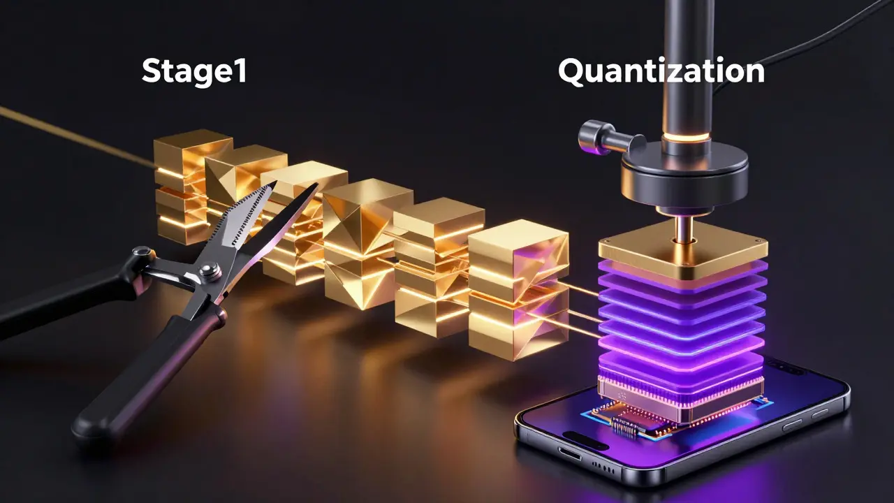 Technical cartoon showing a neural network being pruned and quantized before being placed in a smartphone.