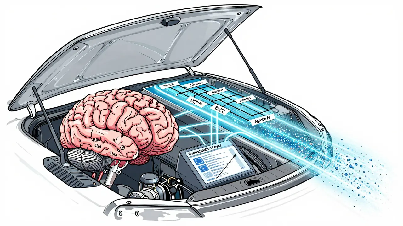 Technical diagram of SLMs, Agentic AI, and synthetic data pipelines in a digital brain.
