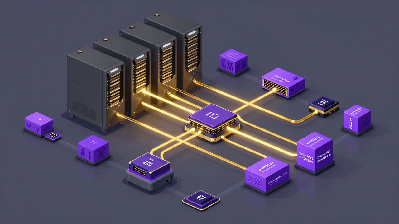 Technical illustration of a hybrid network of GPUs and edge devices connected together